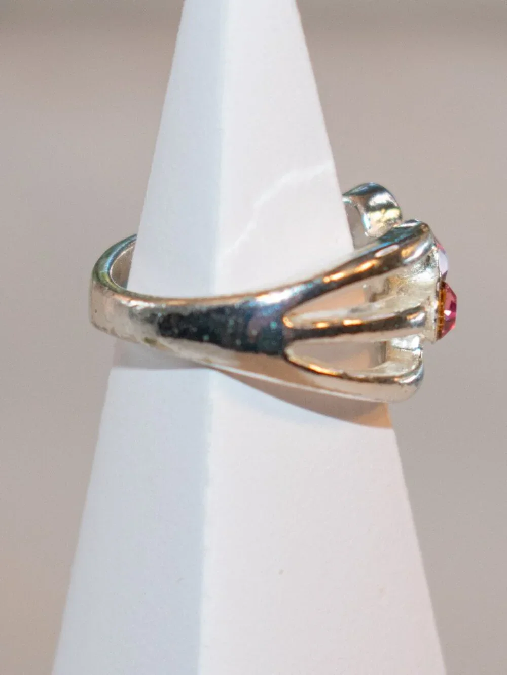 Silver Tone Cluster Ring with Pink Stones US 7